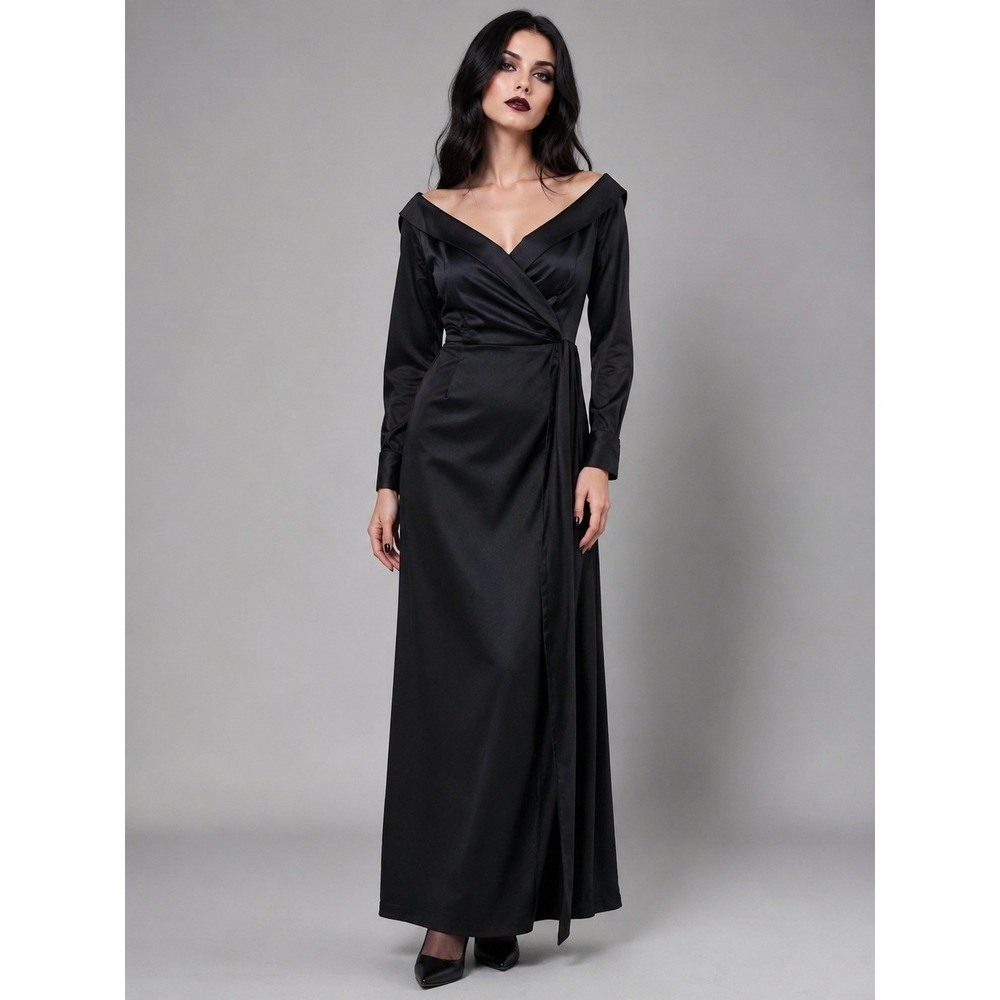 Missguided Maxi Dress Womens 4 Black Wrap Front Witchy Goth Satin